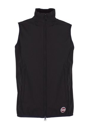 Zwarte mouwloze vest met rits, hoge kraag en twee zijzakken, met een klein rond Colmar-logo nabij de onderzoom.