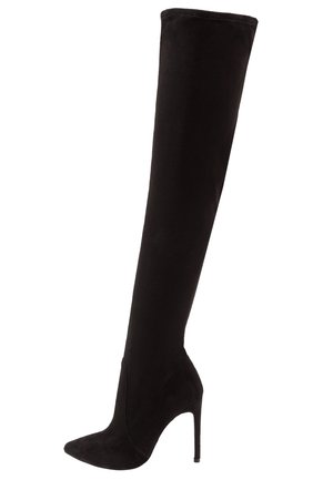 Botte noire cuissarde à talon aiguille, bout pointu et talon haut fin, en matière effet daim.