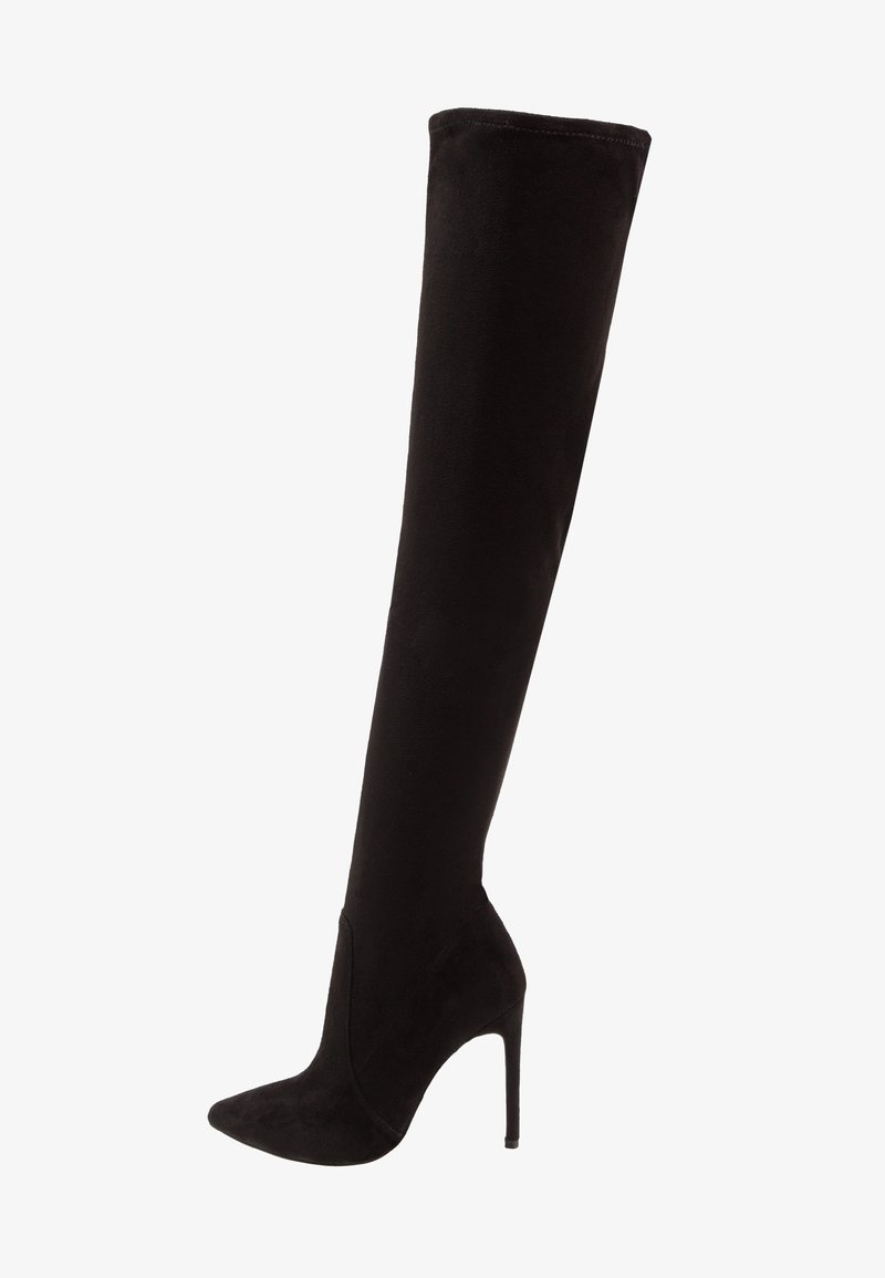 Botte noire cuissarde à talon aiguille, bout pointu et talon haut fin, en matière effet daim.