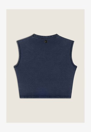 Top in denim blu scuro, corto e senza maniche, con scollatura tonda e orli puliti. Presenta un'etichetta con il marchio sul retro.