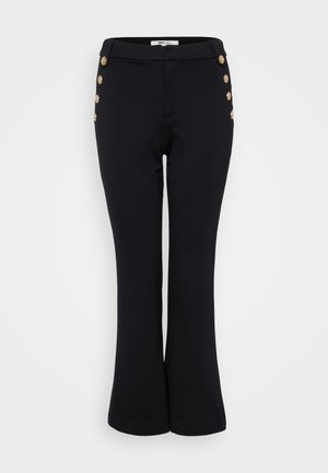 Pantaloni negri evazați dintr-o țesătură fină, cu aplicații din butoane aurii pe talie pentru un detaliu elegant și o siluetă ajustată.