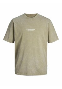 Oliven grøn bomulds T-shirt med en afslappet pasform, korte ærmer og rund hals. Har "Originals Studio" trykt i hvid. Blød tekstur.