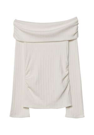 Off-shoulder topp i texturerat vitt tyg, med ribbat mönster, samlad sidodetalj och långa ärmar med något utsvängda ändar.