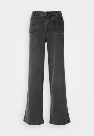 Hoge taille, wijd-uitlopende zwarte jeans gemaakt van denim, met een knoopsluiting, riemlussen en twee achterzakken met gestikte accenten.