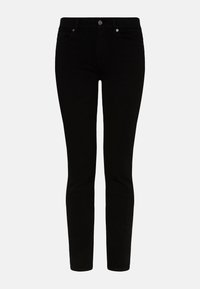 Jeans skinny negros hechos de denim elástico, con un diseño clásico de cinco bolsillos, presillas para cinturón y cierre de botón en la parte delantera.