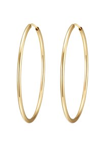 Auksinės metalinės žiedinės auskarai su lygiu, poliruotu paviršiumi. Jie turi apvalią formą ir ploną, plokščią profilį.