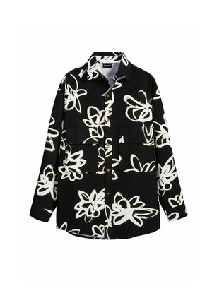 Black shirt with white floral pattern, featuring two front pockets, long sleeves, and a button-down collar. Made from a smooth fabric.