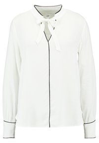 Blusa bianca a maniche lunghe con rifiniture nere, nodo al collo e scollatura a fessura del marchio GAP.
