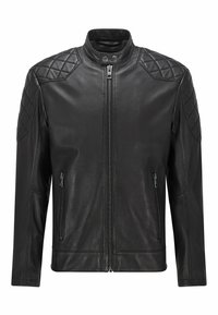 Černá kožená bunda s prošívanými akcenty na ramenou, stojáčkovým límcem, předním zipem a dvěma zipovými kapsami po stranách. Hladký povrch, přiléhavý střih.