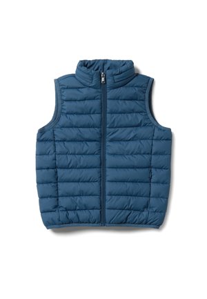 Blauwe gewatteerde, mouwloze puffer-vest met hoge kraag en ritssluiting aan de voorkant, ontworpen voor warmte en lichtgewicht laagjes.