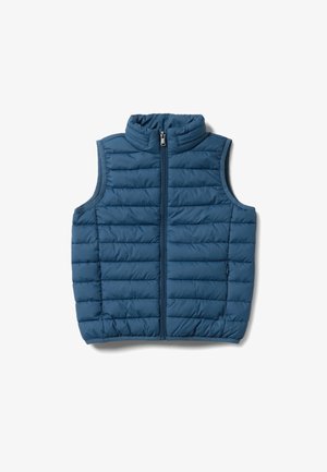 Chaleco acolchado azul sin mangas con cuello alto y cremallera frontal, diseñado para proporcionar calor y una capa ligera.