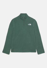 Fleece-pullöver i mörkgrön med halvdragkedja i kragen. Har en vit logotyp på bröstet och långa ärmar. Mjuk textur och rak nederkant.