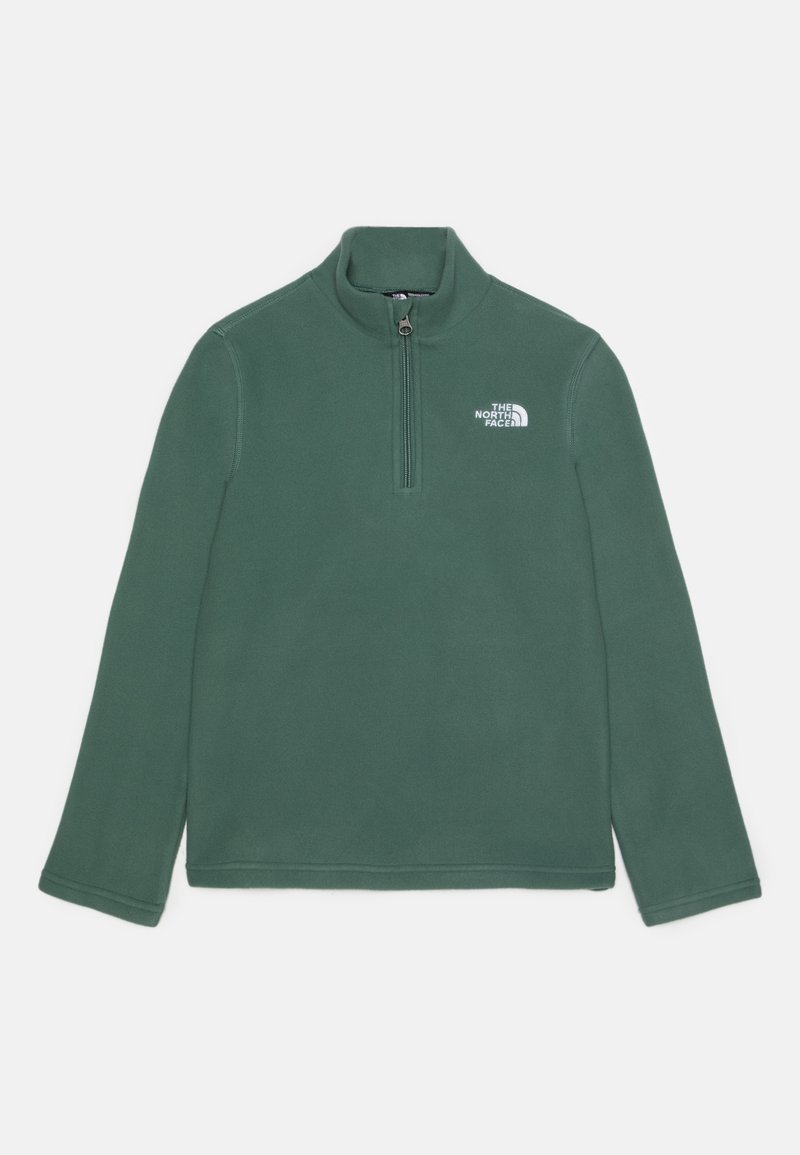 Pull en polaire vert foncé avec un col zip moitié. Présente un logo blanc sur la poitrine et des manches longues. Texture douce et ourlet droit.