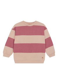 Langarm-Sweatshirt in hellrosa mit abwechselnden dunkelrosanen Streifen, ausgestattet mit gerippten Bündchen und einem kleinen gestickten Patch am Saum.