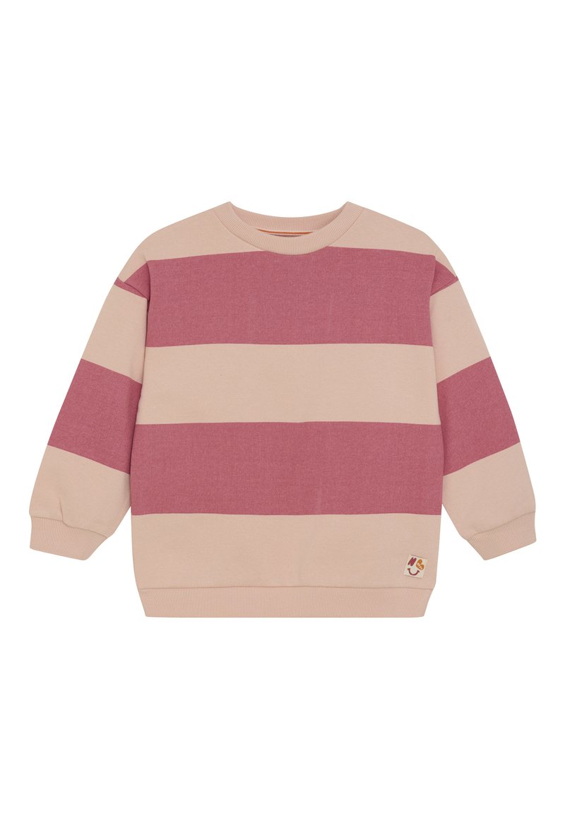 Langarm-Sweatshirt in hellrosa mit abwechselnden dunkelrosanen Streifen, ausgestattet mit gerippten Bündchen und einem kleinen gestickten Patch am Saum.