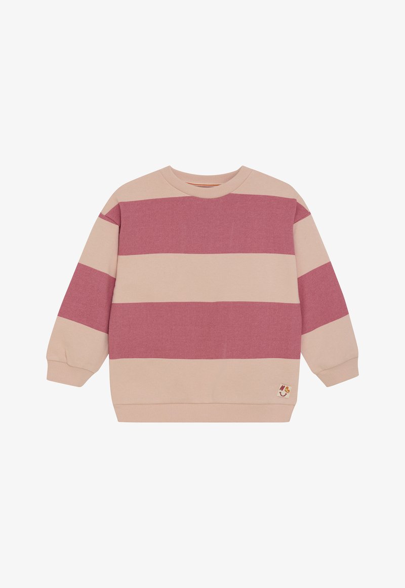 Felpa a maniche lunghe di colore rosa chiaro con strisce alternate rosa scuro, dotata di polsini a coste e un piccolo patch ricamato sull'orlo.