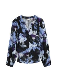 Blusa a maniche lunghe con sfondo nero e motivi astratti blu e viola. Design a V con chiusura a bottone e maniche arricciate.