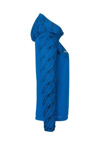 Blå atletisk hættetrøje med et struktureret mønster på hætten og ærmerne, en frontlomme og en tætsiddende design. Fremstillet af åndbart materiale.