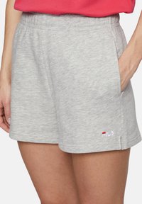 Pantaloni corti in cotone grigio con vita elastica, tasche laterali e un piccolo logo ricamato. Tessuto liscio con un design casual.