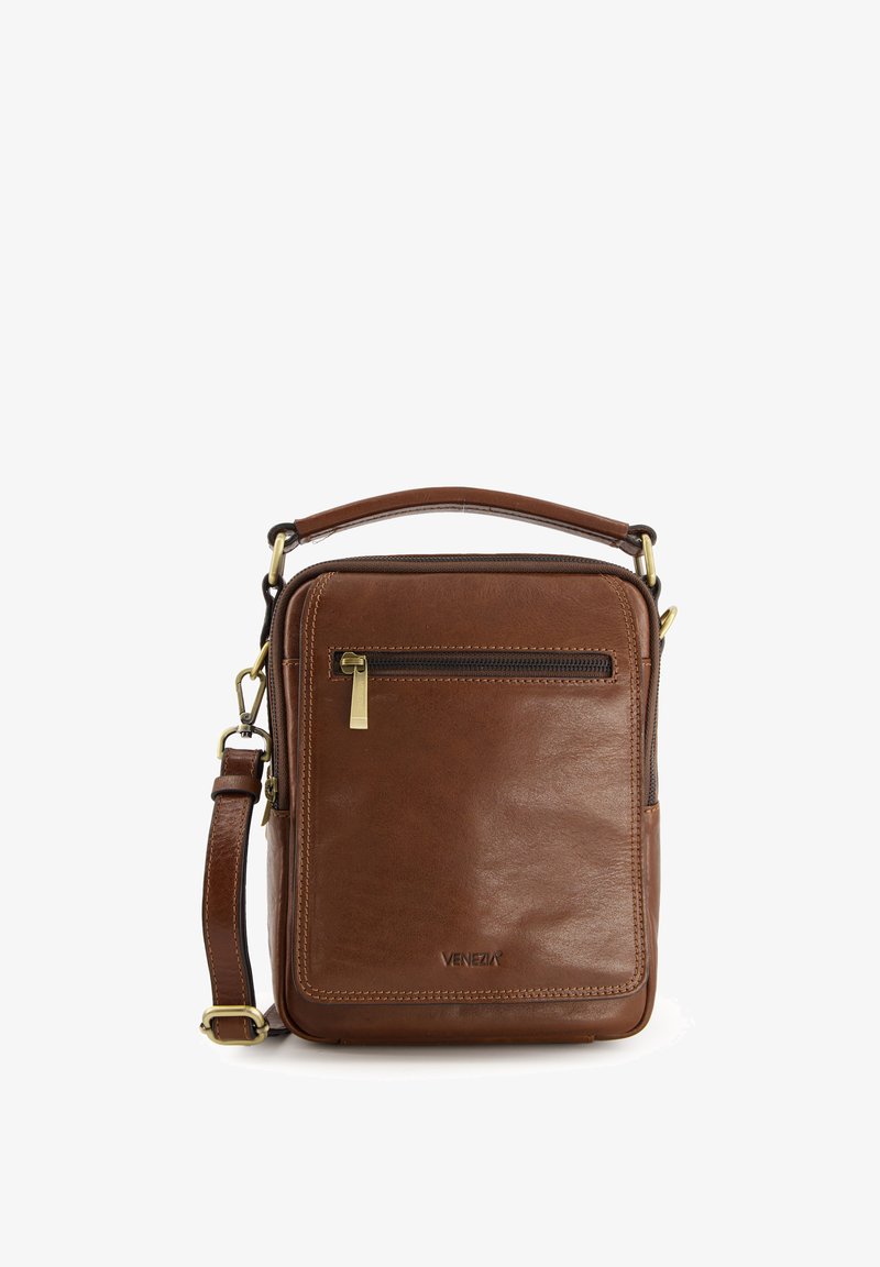 Braune Leder-Crossbody-Tasche mit strukturierter Oberfläche, goldenen Hardware, Reißverschluss oben und einer äußeren Reißverschlusstasche.