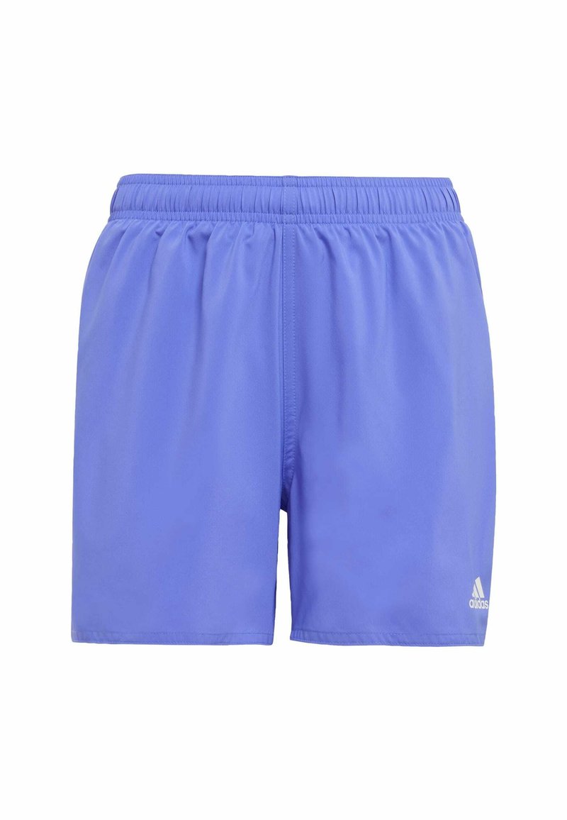 Shorts sportivi viola con vita elastica, texture liscia e dettaglio del logo bianco sull'orlo inferiore. Design leggero e traspirante.