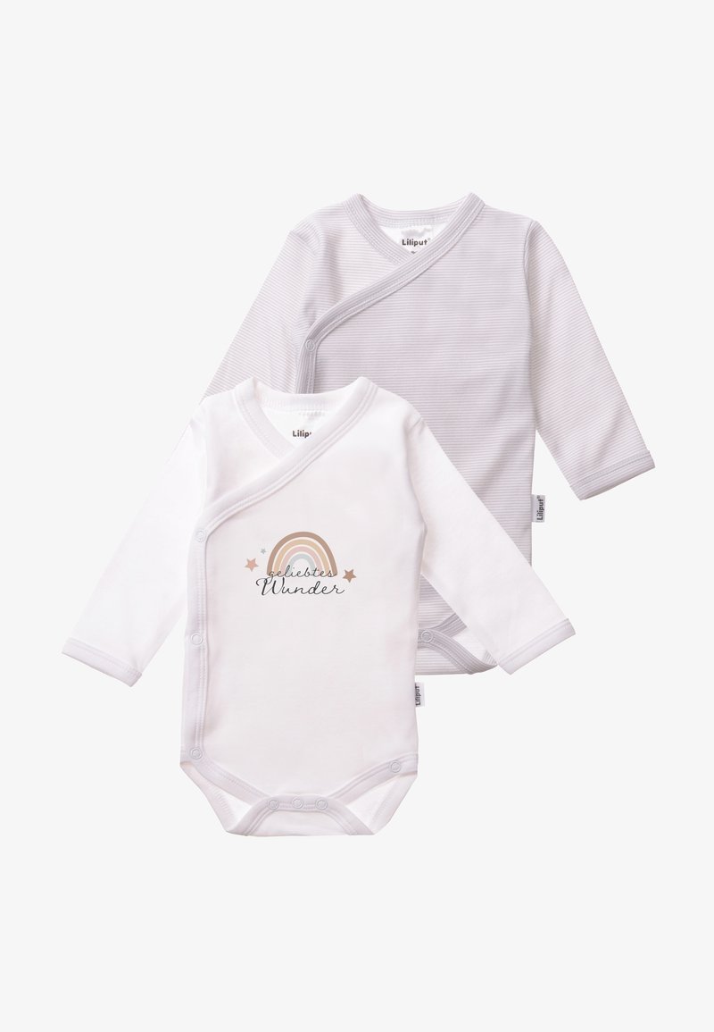 Zwei langärmlige Baby-Bodysuits: einer weiß mit einem Regenbogen-Grafik und Text, und einer hellgrau mit dezenten Streifen.