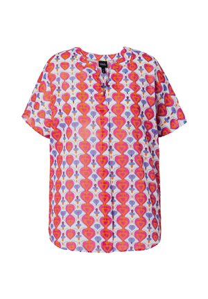 Short-sleeve blouse with vibrant orange, pink, and purple geometric pattern on white background, featuring a round neckline and relaxed fit.