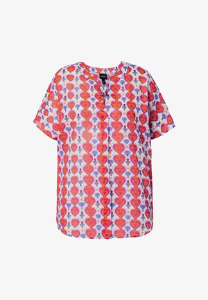 Short-sleeve blouse with vibrant orange, pink, and purple geometric pattern on white background, featuring a round neckline and relaxed fit.
