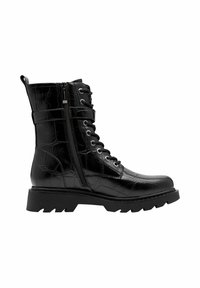 Bottines noires en cuir verni avec une texture crocodile, dotées de lacets, d'une fermeture éclair latérale et d'une semelle robuste.
