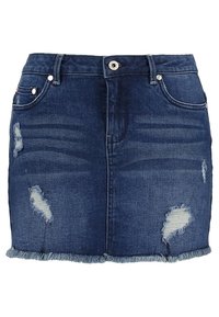 Jeanskjol i mörkblått med en sliten finish, med fransig nederkant, två framfickor och en framknäppning.