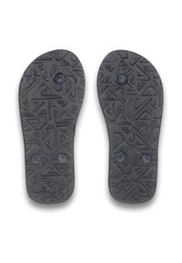 Svarta flip-flop sulor med ett texturerat mönster och cirkulär hårdvara. Materialet verkar hållbart och flexibelt, lämpligt för vardagligt bruk.