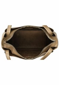 Borsa a tracolla aperta con un esterno in pelle beige texture, caratterizzata da due manici e una chiusura con zipper. L'interno è marrone e non presenta vani visibili.