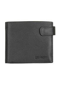 Cartera de cuero negra con un acabado texturizado, que cuenta con un cierre a presión y un logo en relieve. Forma rectangular compacta con un diseño minimalista.