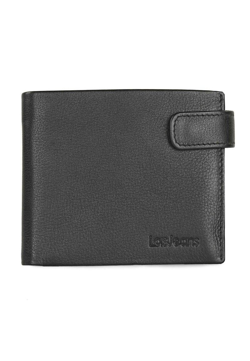 Cartera de cuero negra con un acabado texturizado, que cuenta con un cierre a presión y un logo en relieve. Forma rectangular compacta con un diseño minimalista.