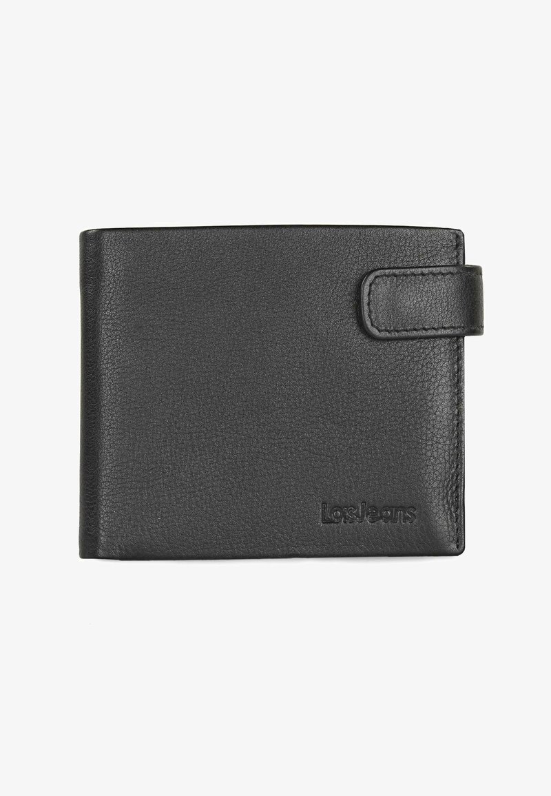 Cartera de cuero negra con un acabado texturizado, que cuenta con un cierre a presión y un logo en relieve. Forma rectangular compacta con un diseño minimalista.