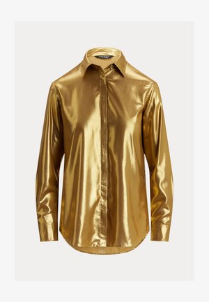Goldene metallische Langarmbluse mit einem Knopfkragen, glatter Textur, schmaler Knopfleiste und abgerundetem Saum.