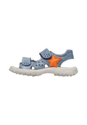 Sandalo blu per bambini con design traforato, due cinturini in Velcro, suola bianca spessa e decorazione a stella arancione sul lato.