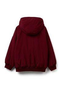 Giacca con cappuccio color bordeaux, con texture morbida, polsini elastici e orlo arricciato. Presenta un design semplice senza chiusure o motivi visibili.