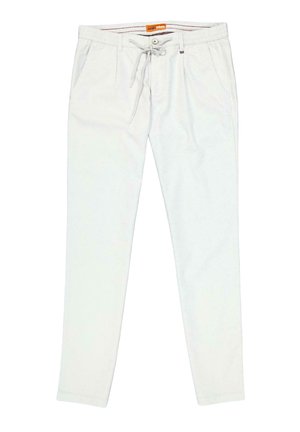 Weiße Baumwollmix-Hosen mit einem Kordelzugbund, Vordertaschen und einer glatten Textur. Verfügt über nächte Akzente und tapered Beine.