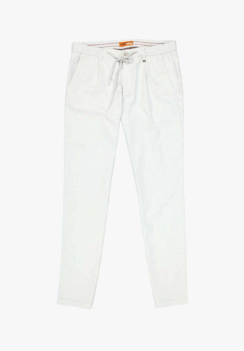 Weiße Baumwollmix-Hosen mit einem Kordelzugbund, Vordertaschen und einer glatten Textur. Verfügt über nächte Akzente und tapered Beine.