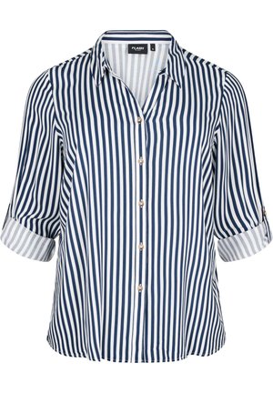 Blue and white striped button-up shirt with a collar, short rolled sleeves, and small gold-tone buttons down the front. Soft fabric texture.