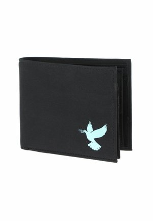 Portefeuille noir bifold avec une colombe bleu clair tenant un rameau d'olivier imprimé dans le coin inférieur droit.
