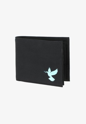 Black bifold wallet with light blue dove holding an olive branch printed on bottom right corner.