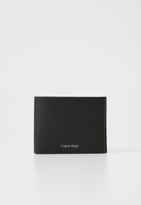 Black bifold wallet made of textured synthetic material, featuring a subtle logo on the front. Compact shape with a clean design.