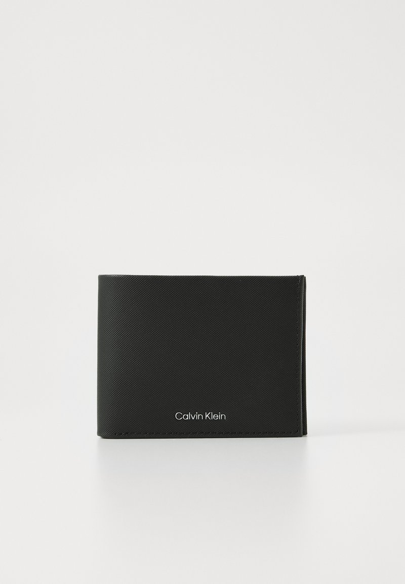 Black bifold wallet made of textured synthetic material, featuring a subtle logo on the front. Compact shape with a clean design.