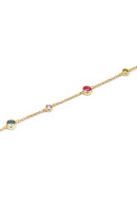 Bracciale in oro con cinque gemme multicolori: blu, rosa, viola e verde, montate in supporti circolari, caratterizzato da un design delicato e a catena.