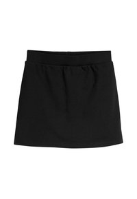 Zwarte katoenen mini-jurk met een elastische tailleband en een geplooide textuur. Eenvoudig ontwerp, geen patronen of accenten, randen zijn gestikt.