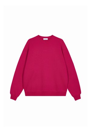 Pitkähihainen neulepaita kirkkaanpunaisena, jossa on resorit hihansuissa ja helmassa, esitetty valkoisella taustalla.