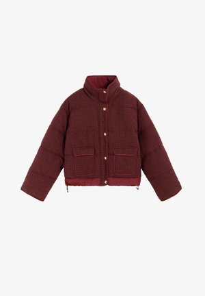 Doudoune bordeaux avec un motif texturé, col montant, boutons-pression dorés et deux poches avant avec bordure contrastante. Design court et carré.