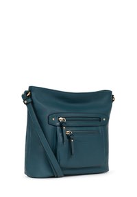 Borsa a tracolla in pelle verde acqua con una texture morbida, tracolla singola, due tasche anteriori con zip e dettagli in metallo dorato.